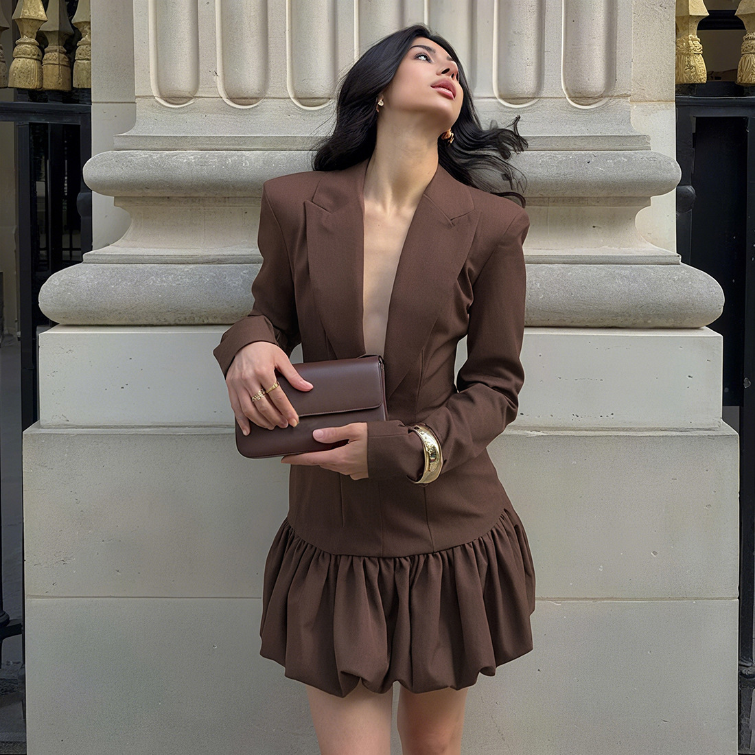 Plunging Neckline Full-Sleeve Tailored High-Waisted Bodycon Polyester Dress