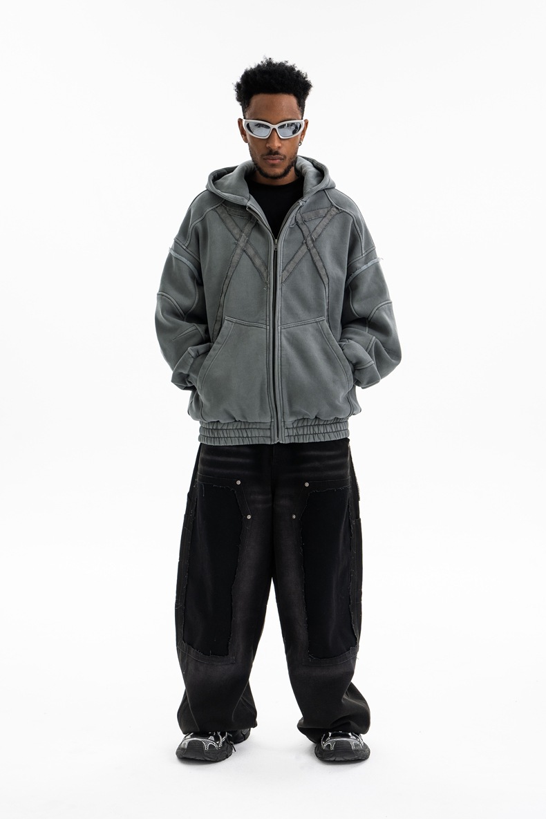Utility Distressed Cotton Insulated Full-Zipper Embroidery Hoodie