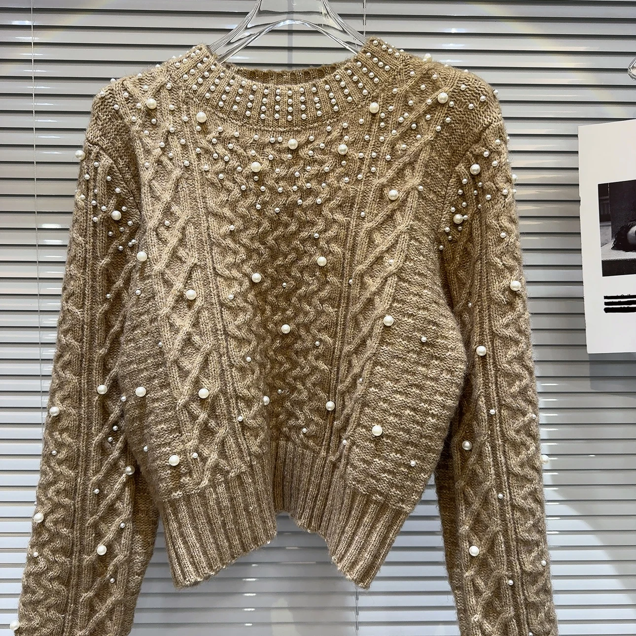 Ladies Beaded Mesh Crew Sweater