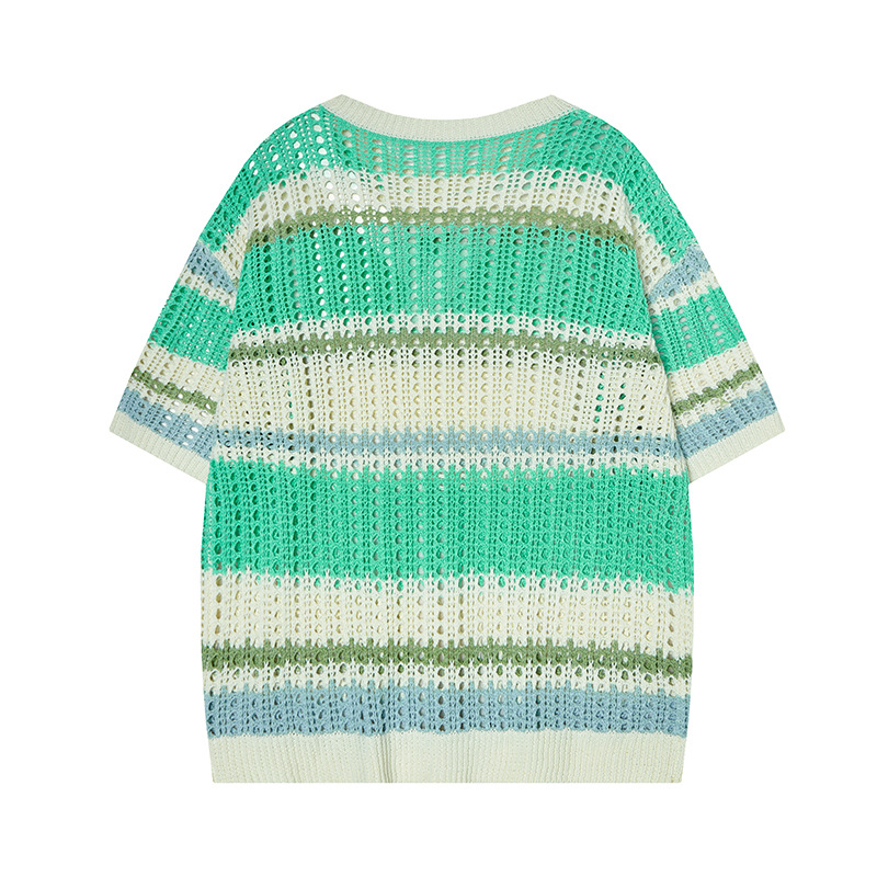 Mens American Vintage Cutout Two-Tone Striped Crew Tee