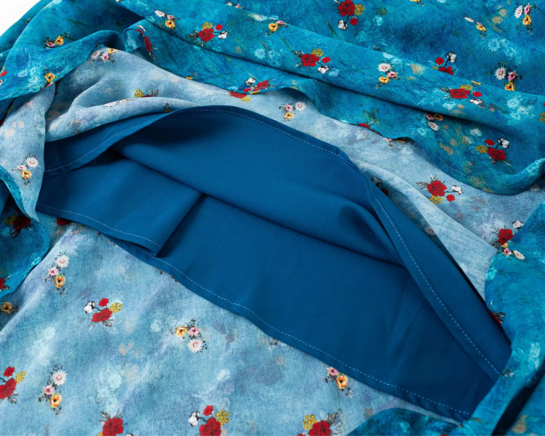 Ruffled Hem Blue Base Floral Print Waist-Cinched Dress