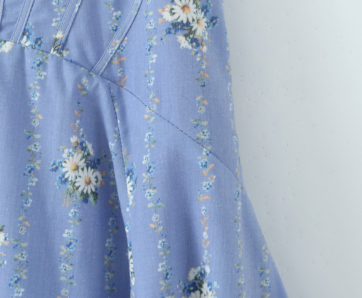 Women's Clothing Vintage Blue Small Chrysanthemum Mid-length Dress