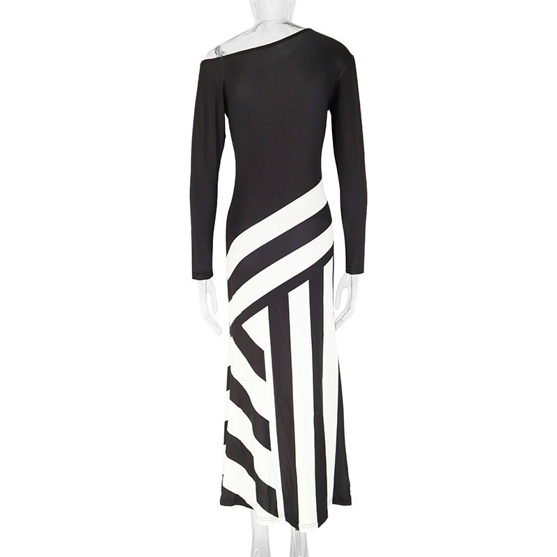 Ladies Long Sleeve Polyester Asymmetric Pattern Dress