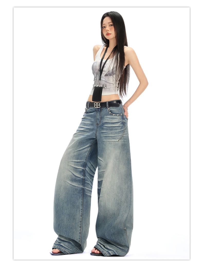 Retro Spicy Girl Washed Pleated Wide-Leg Jeans Women's Cracked Design Loose Drape Floor-Length Pants