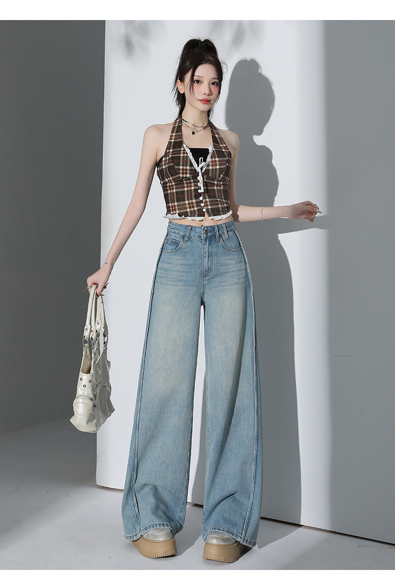 Light Blue Tencel Wide-Leg Jeans Women High-Waist Loose Straight Floor-Length Pants Summer Thin Style