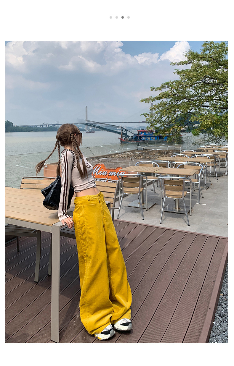 Women's Yellow Casual Pants Loose Wide Leg High Waist Corduroy Sweatpants