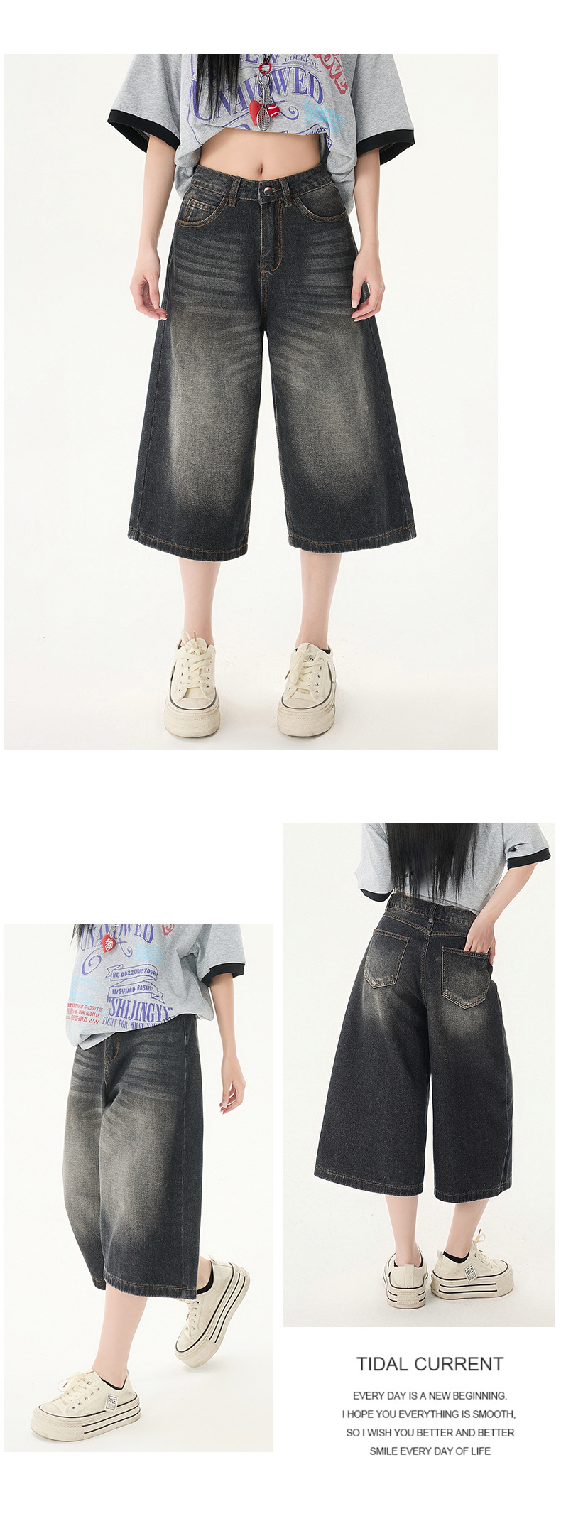Women's Washed Seven-Quarter Denim Pants Loose Straight Wide-Leg Mid-Length Trousers