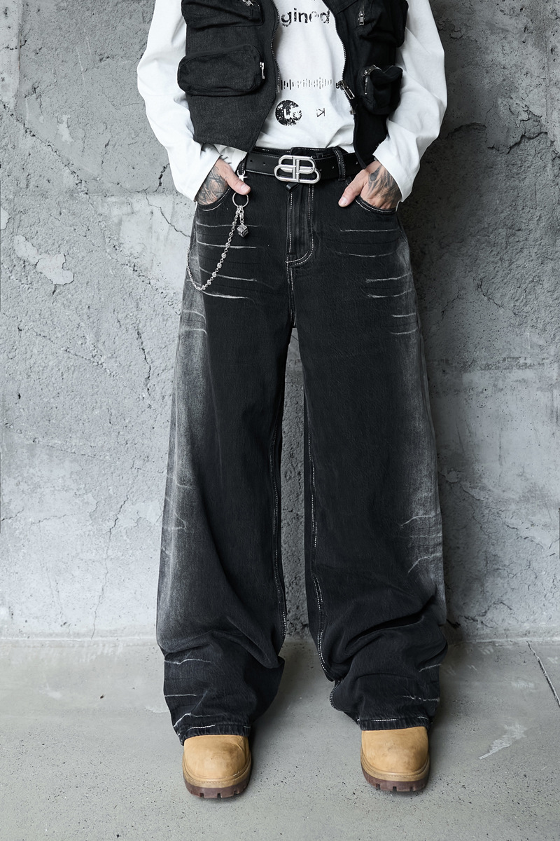 Vintage Washed Lightning Pattern Straight Leg Jeans Men High Quality Gradient Trendy Brand Wide Leg Pants