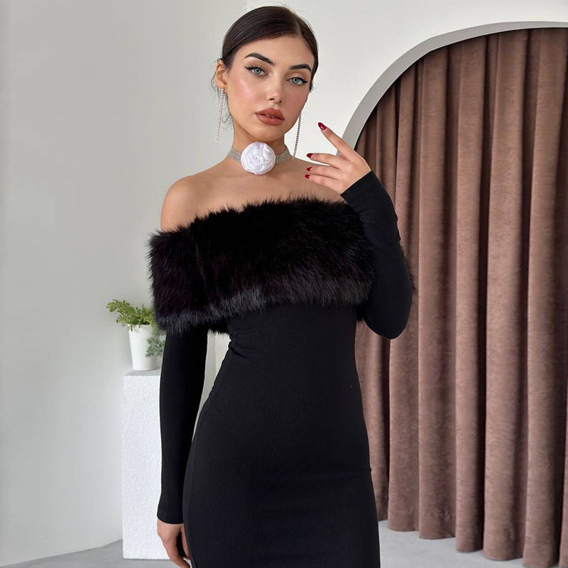 Body-Hugging Asymmetric Furry Trim Three-Quarter Sleeve Dress