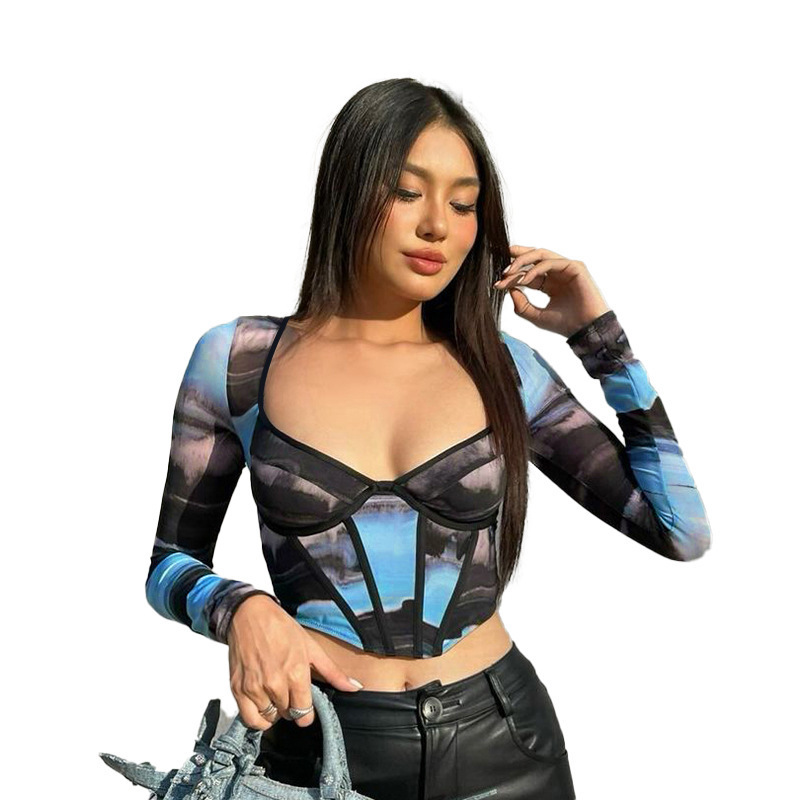 Long Sleeve Polyester Geometric Net Fitted Blouse