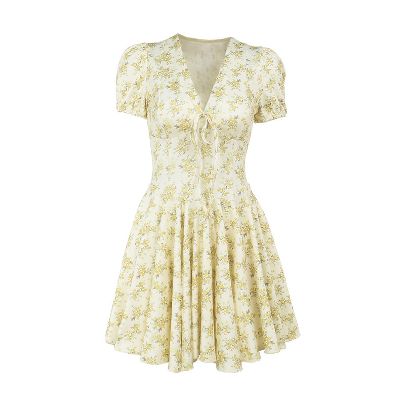 A-Line High Waist Short-Sleeve V Neck Botanical Dress