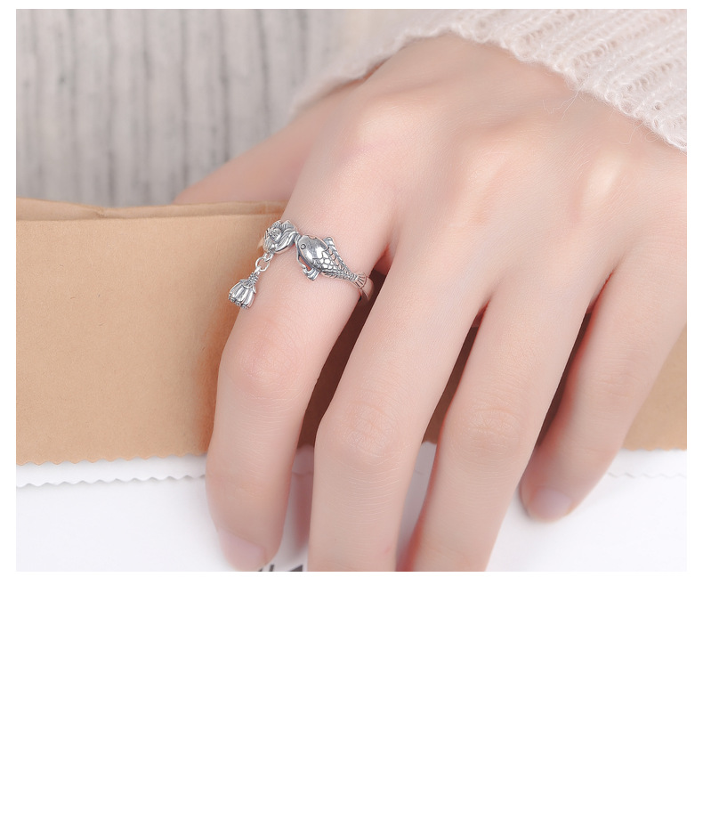 S925 Silver Ring Girl Retro Ethnic Carp Lotus Tassel Food Ring Couple Adjustable Ring For Girl