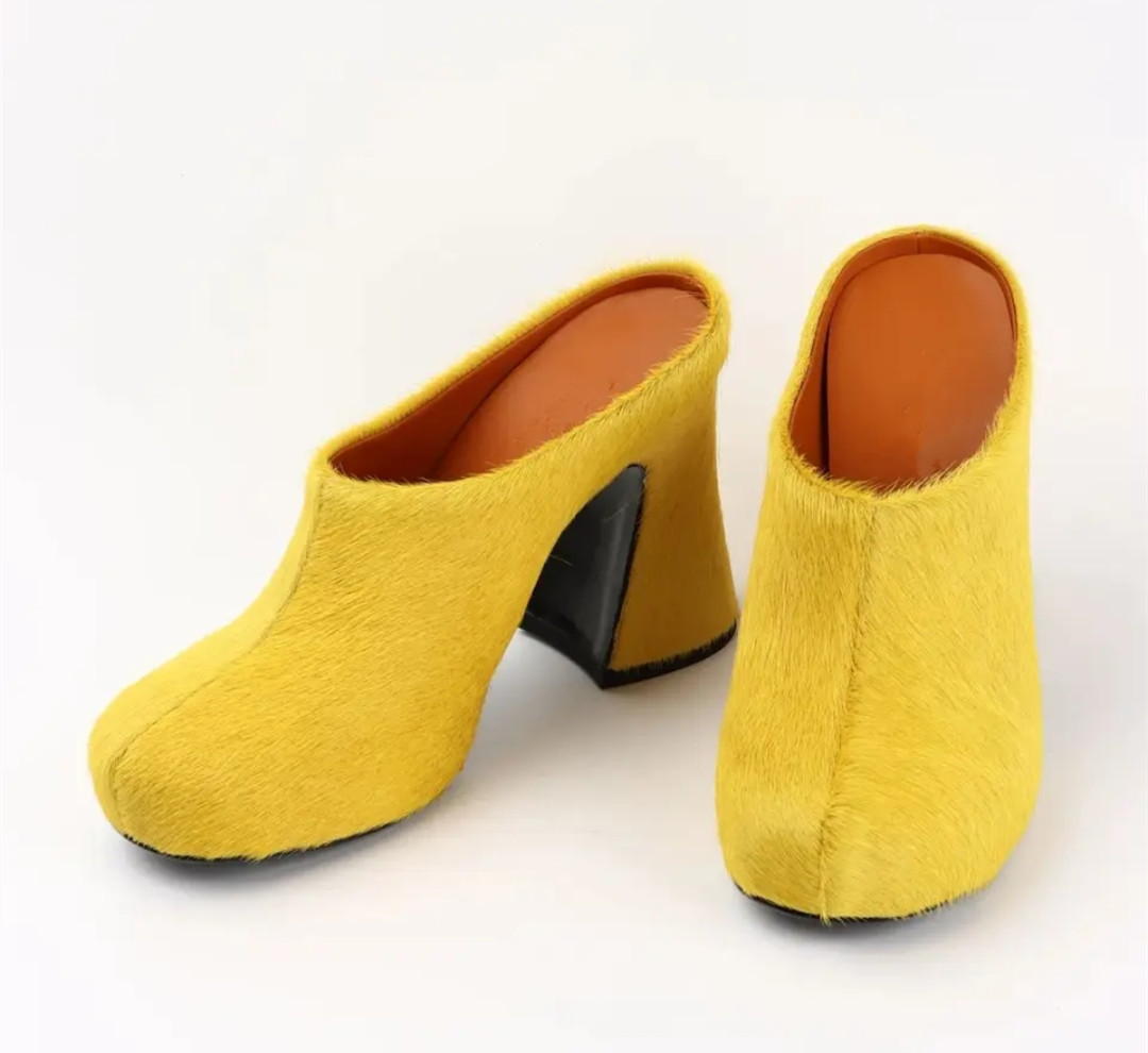 Round headed candy colored genuine leather horse hair with raised height inside casual lazy half slippers for women