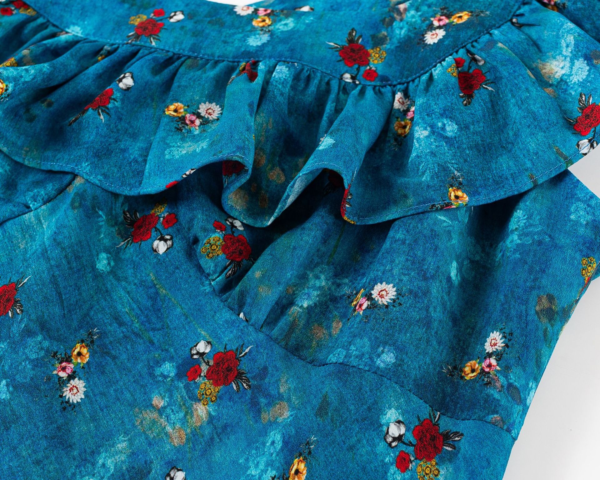 Ruffled Hem Blue Base Floral Print Waist-Cinched Dress