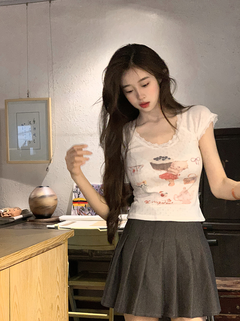 Lace lace slim fit short sleeved T-shirt