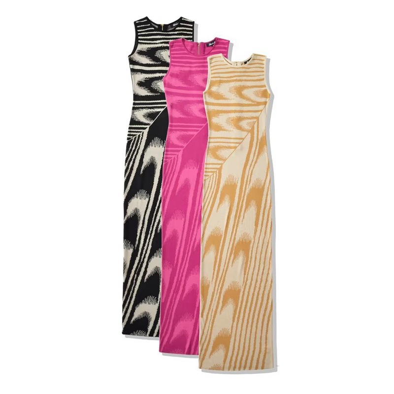 Women's Clothing Abstract Pattern High Waist Slim Round Neck Zipper Sleeveless Bodycon Dress
