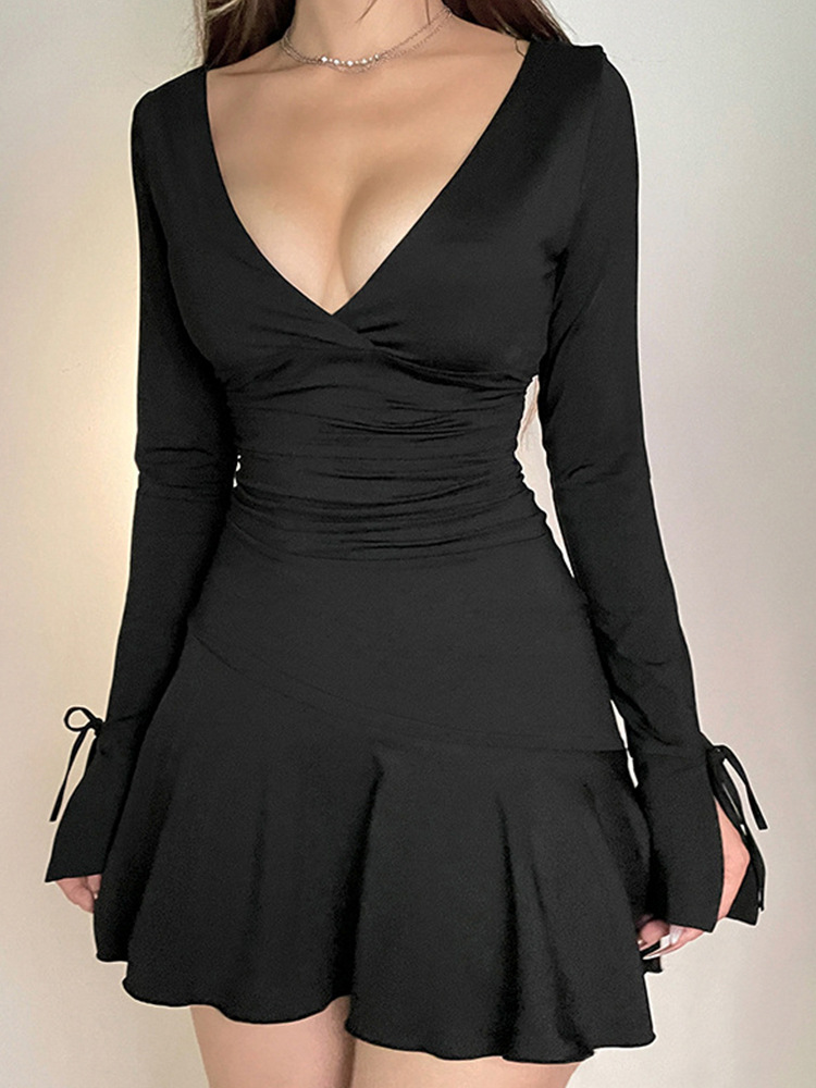 Deep Plunge Frill Full Arm Fitted Ladies Dress