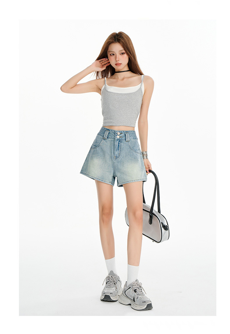 Light Blue High-Waisted A-Line Denim Shorts for Women Loose and Slim Fit Wide-Leg Hot Pants