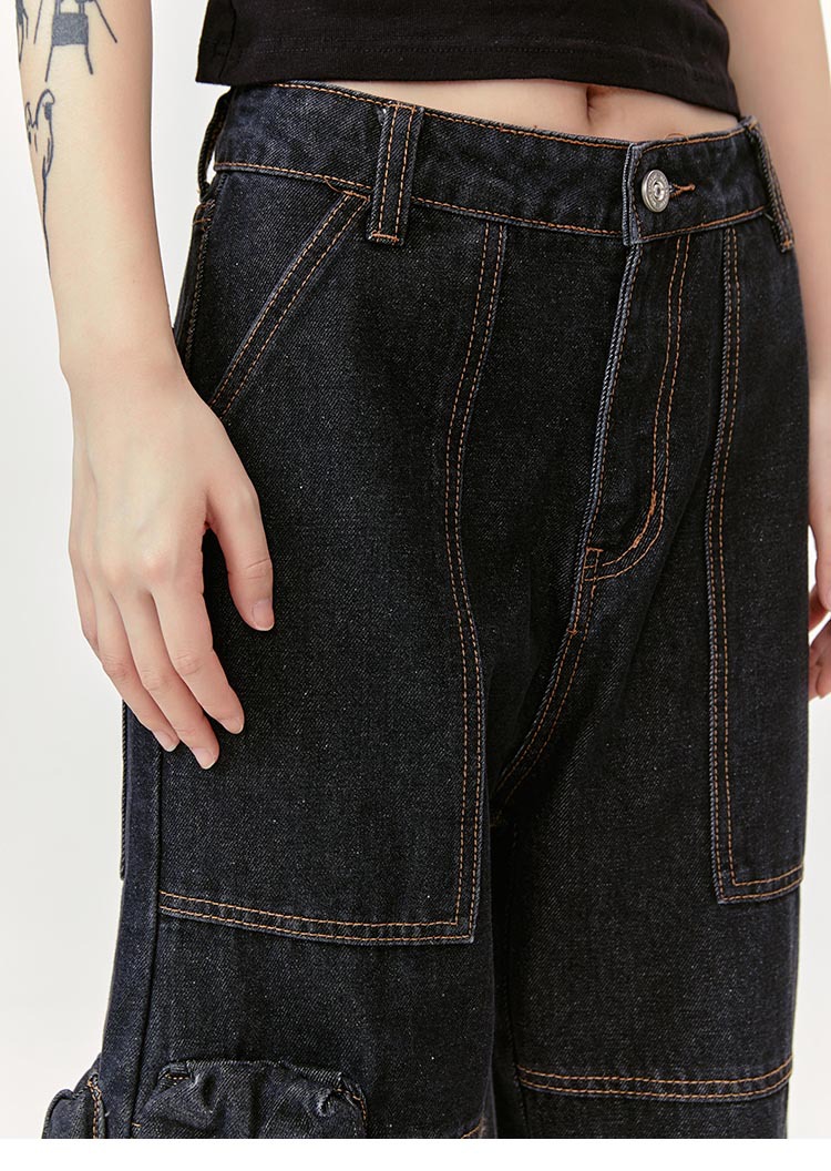 Washed Leg White Faded Multi-Pocket Straight Tapered Jeans Long Pants