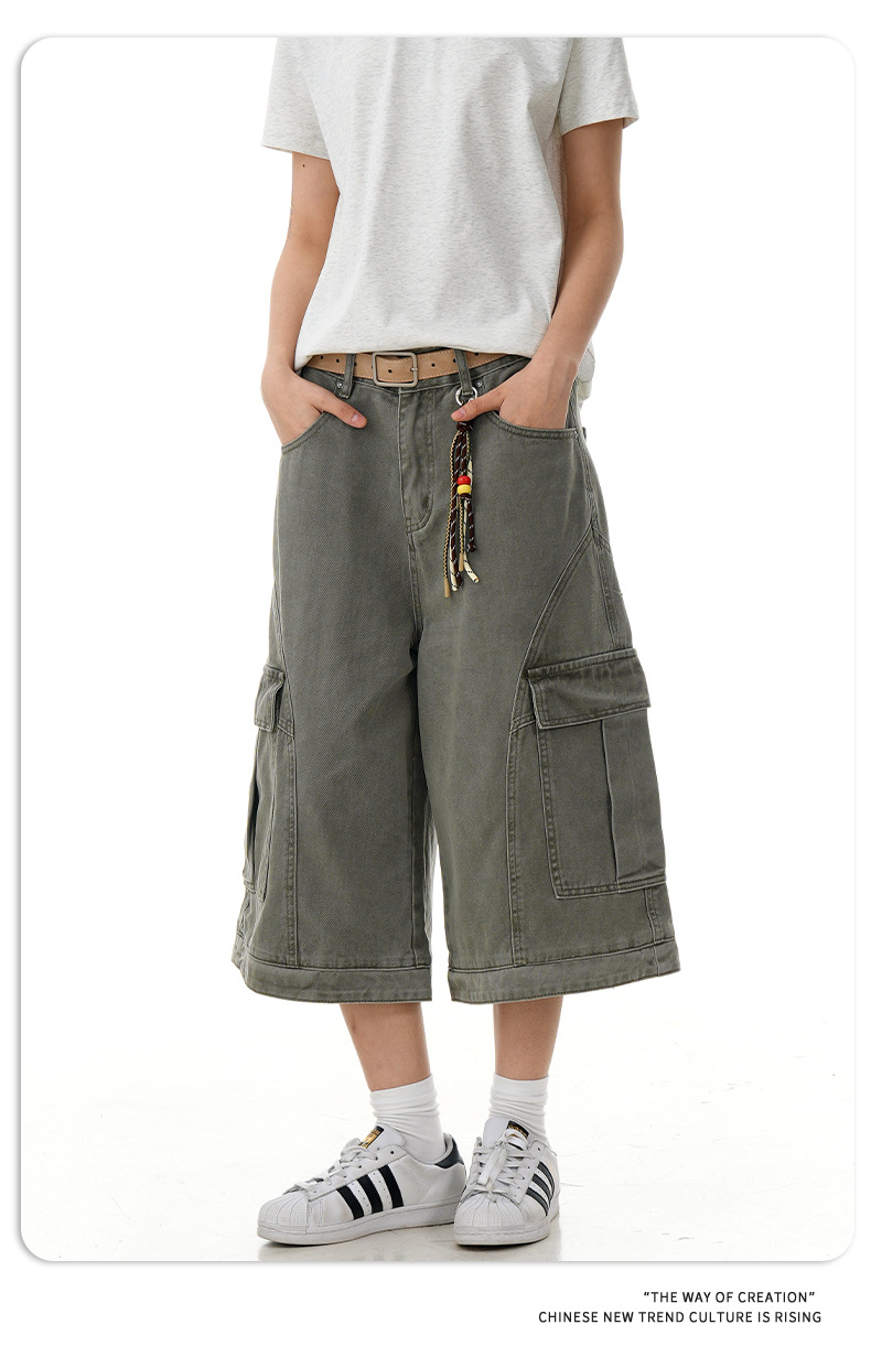 Retro Deconstructed Multi-Pocket Pants Straight Loose Unisex Wide-Leg Cargo Shorts