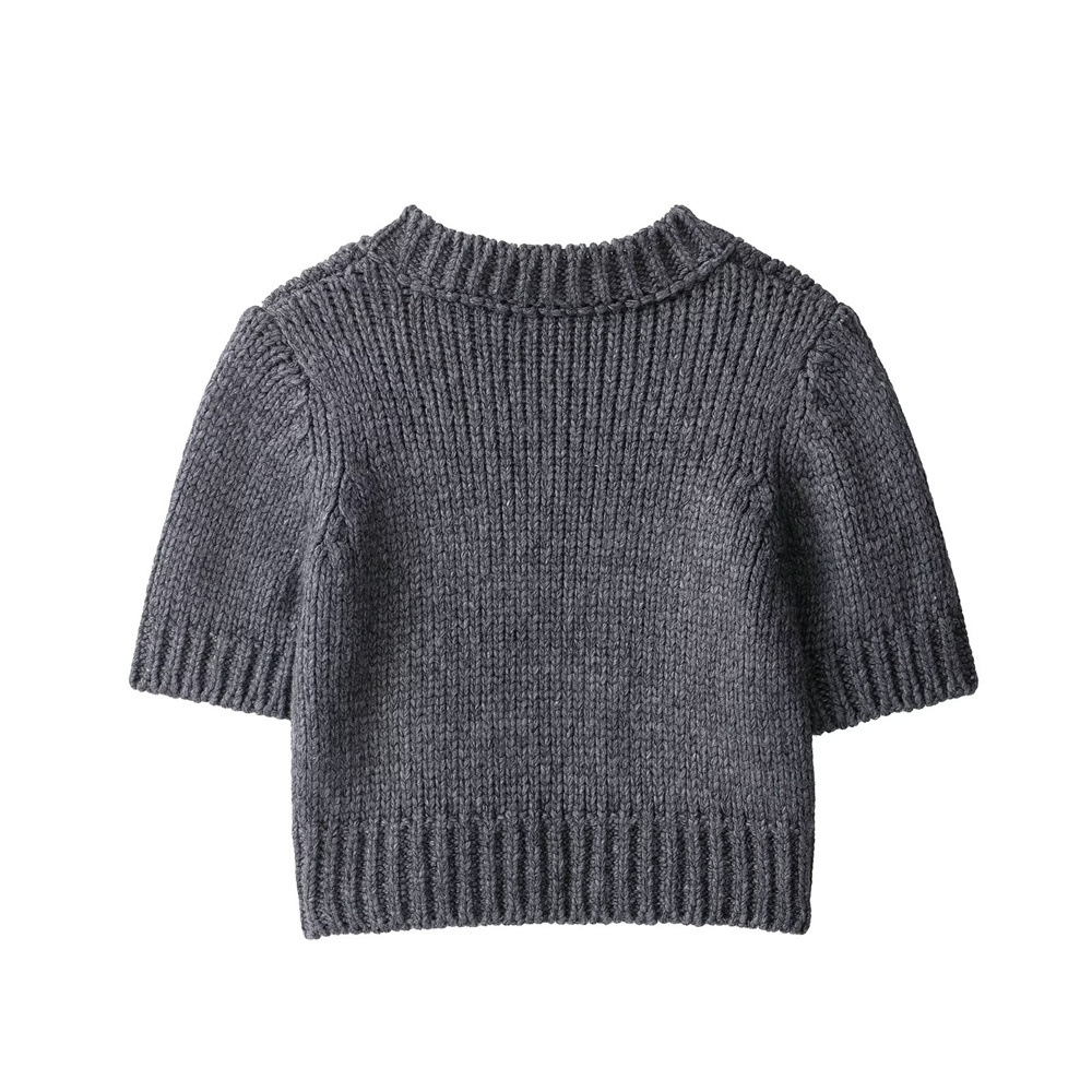 Crew Elbow-Length Solid Charcoal Polyester Sweater