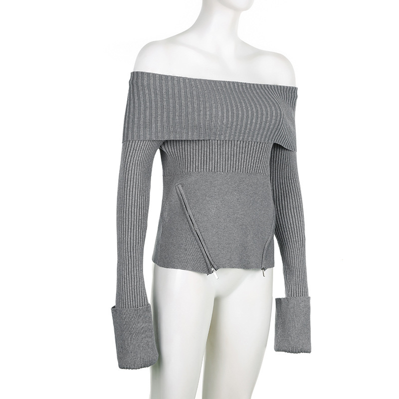 Woolen Bardot Zip Blush Plain Full Sleeve Sweater
