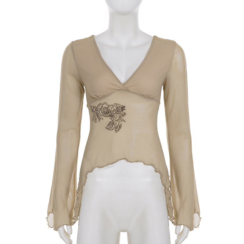 Retro floral V-neck T-shirt with female fungus edge flared sleeve casual top