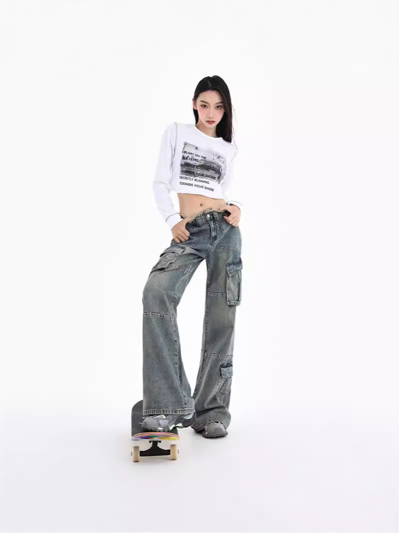 Women's Workwear Denim Pants High Waist Slim Wide Leg Floor-Length Trousers