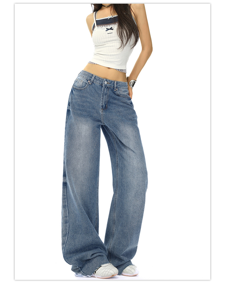 Women's Straight Jeans Washed Vintage Narrow Loose Wide-Leg Pants
