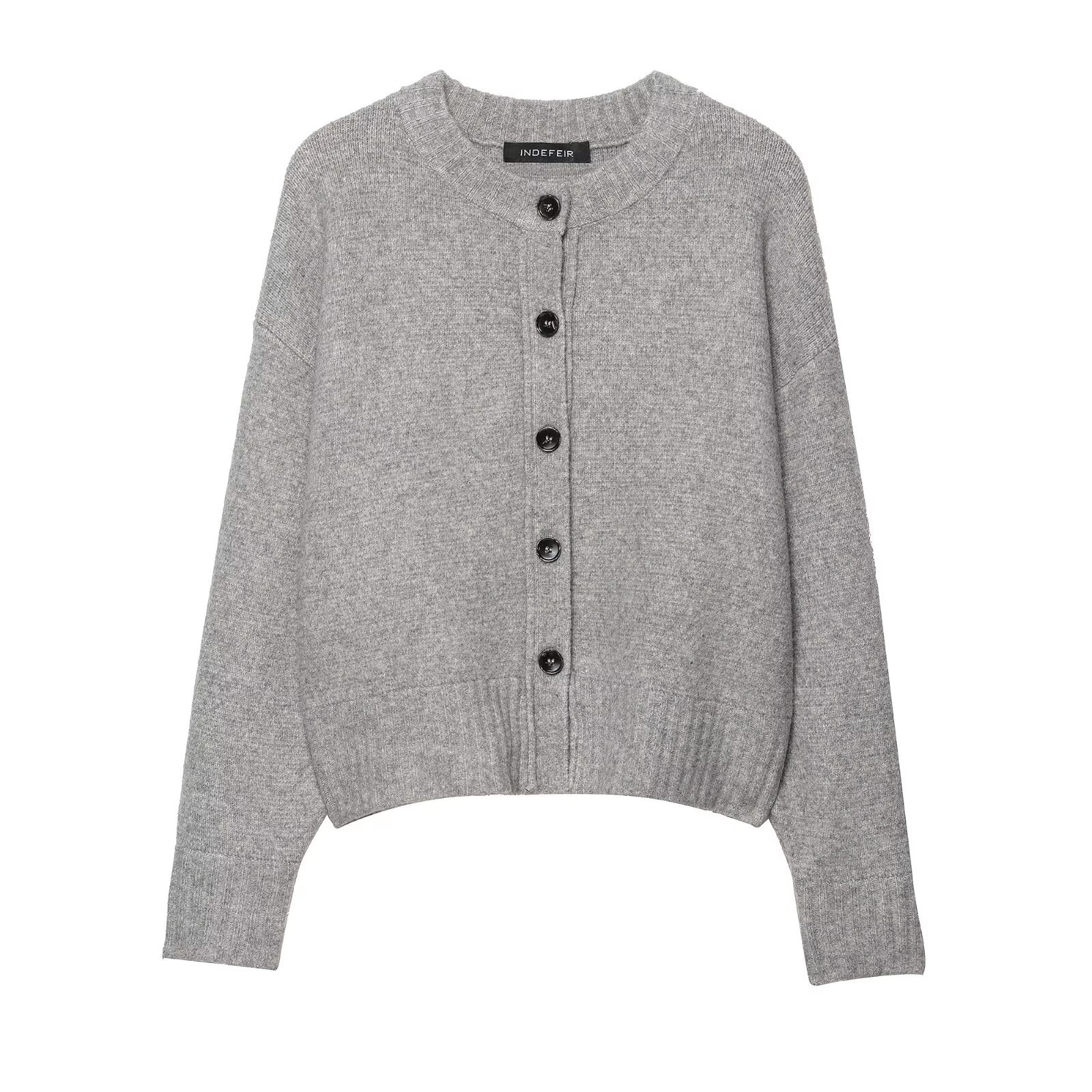 Ladies Charcoal Polyester Button-Front Full-Length Sleeve Sweater