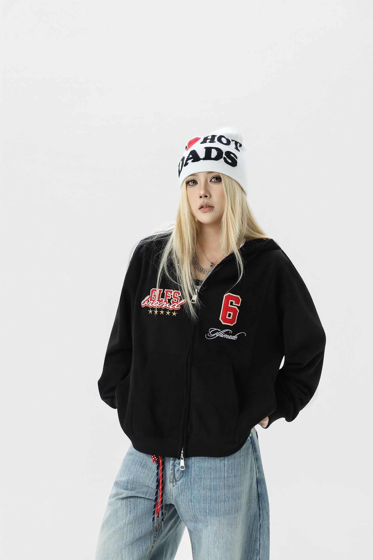 Streetwear Men Oversized Cropped Patterned Hood Zip Sweatshirt