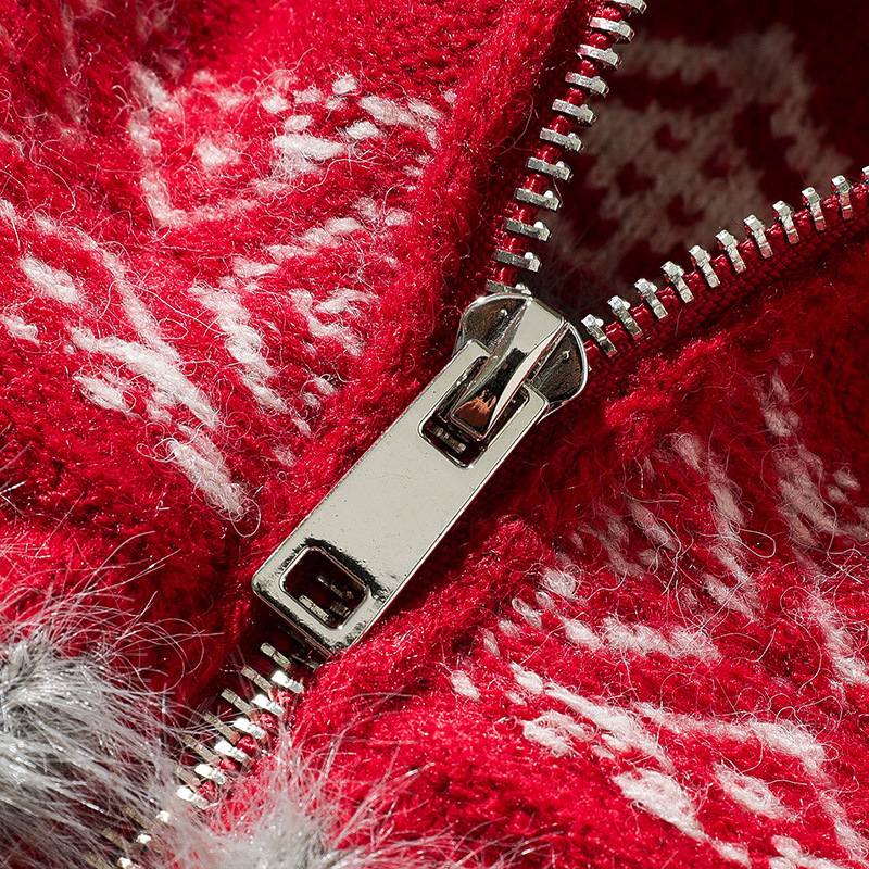 Matching Oversized Furry Trim Jacquard Knit Overcoat