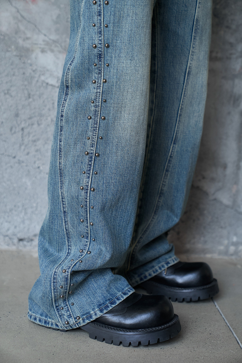 Vintage Deconstructed Patchwork Denim Pants Unisex Street Washed Loose Wide-Leg Tapered Casual Trousers