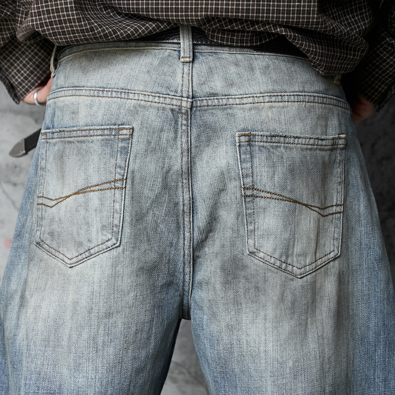 Street Style Vintage Distressed Washed Knife-Edge Denim Pants, Hip-Hop Casual Loose Ripped Straight Leg Jeans