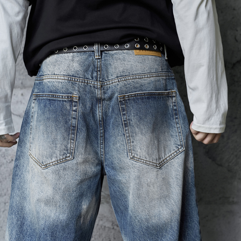 Vintage Personality Design Ripped Streetwear Loose Fit Jeans Men Hip Hop Distressed Wide Leg Long Pants