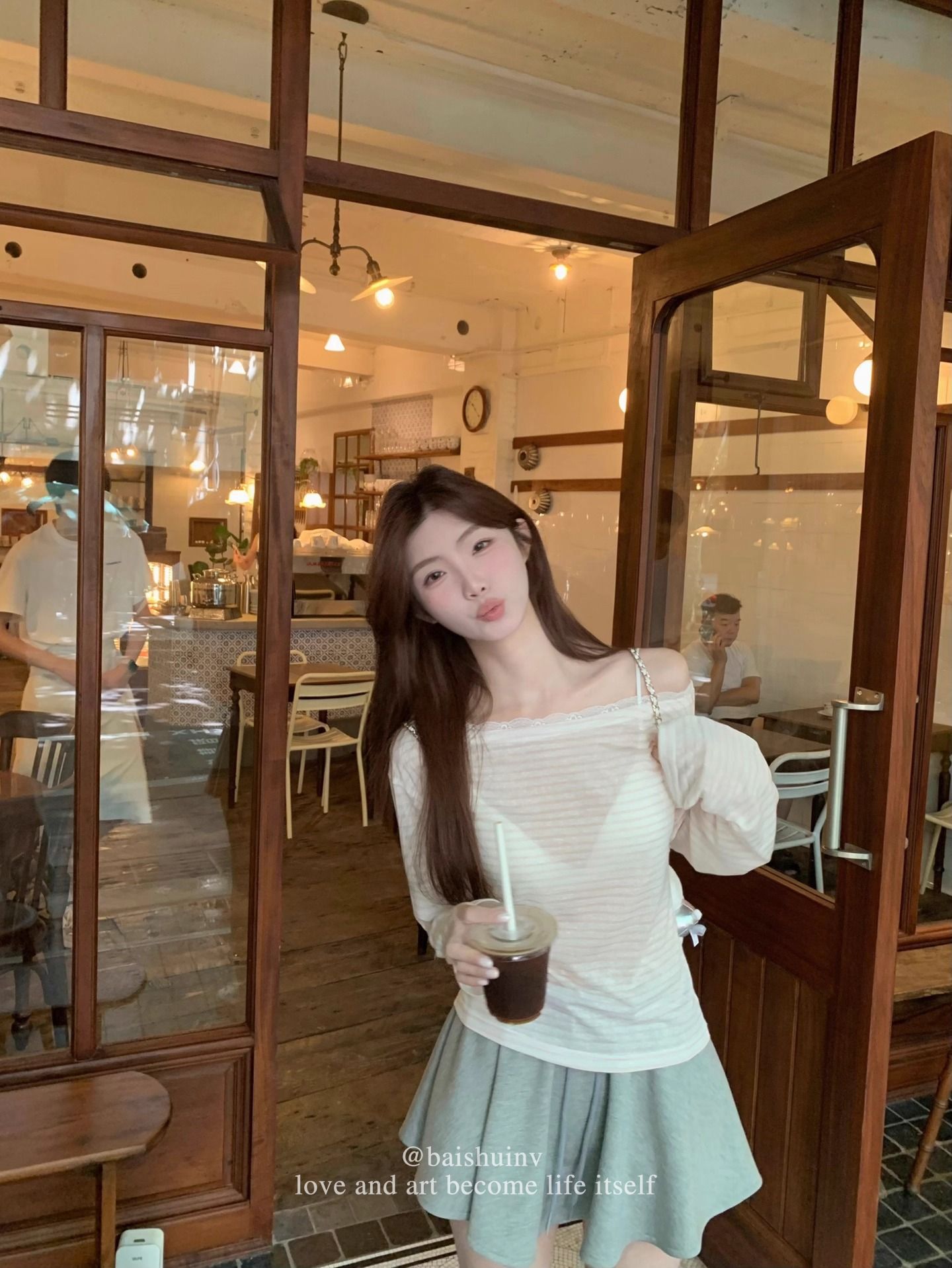 Chic Diagonal Neck Checkered Long Sleeve T-Shirt