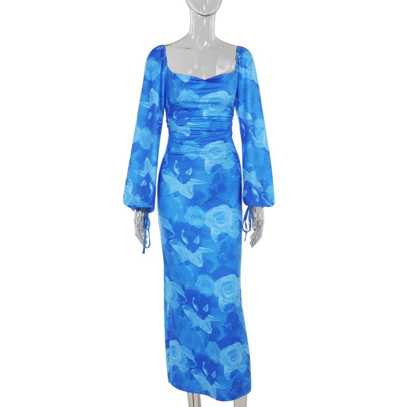 Bell-Sleeved Patterned Open Back Tie Dress