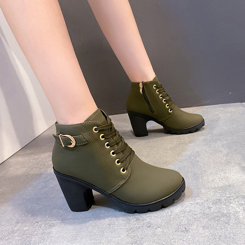 High heels belt buckles thick heels round toe Martin boots for women