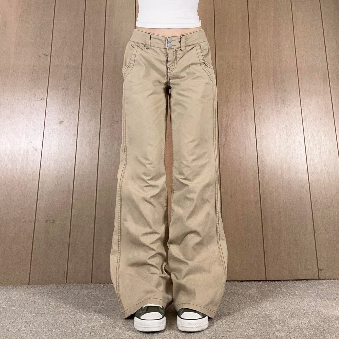 Retro khaki high waisted straight leg jeans for women