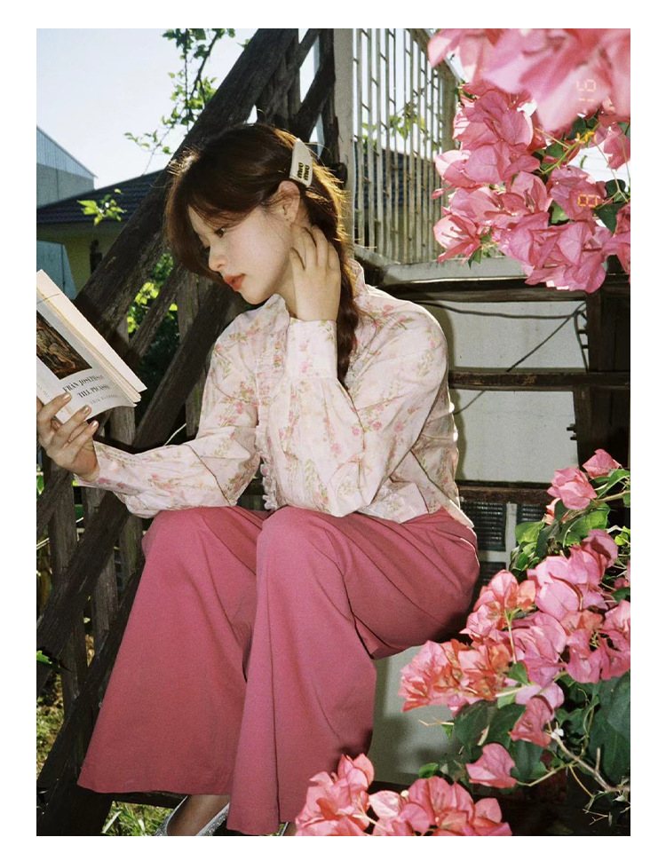 V-Neck Long Sleeve Girlfriend Fragmented Flowers Shirt