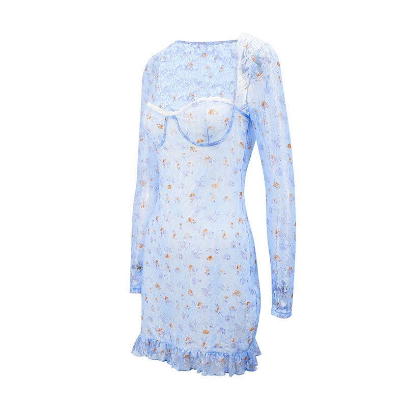 Long Sleeve Sheer Fitted Short Dress