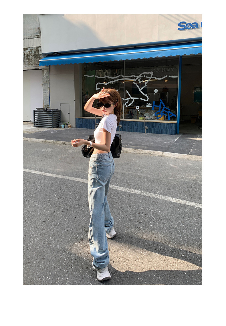 Washed Blue V-neck Waist Straight Leg Jeans Women Loose Slimming High-waisted Versatile Drape Floor-length Pants