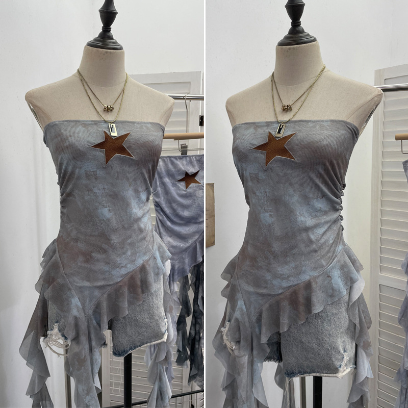 Sultry Asymmetric Plaid Mesh Strapless Top