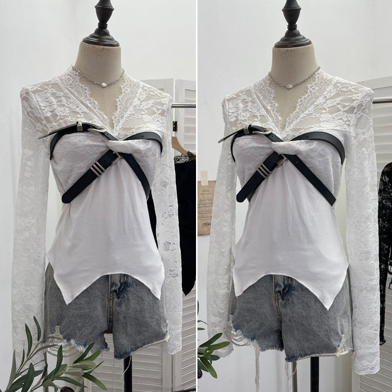 Plunging Wrist-Length Cropped Asymmetric Hem Cinch-Waist Top