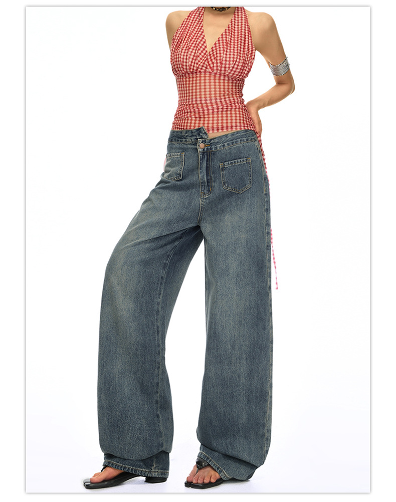 Blue High-Waisted Straight Leg Jeans for Women Loose Wide-Leg Pants Summer