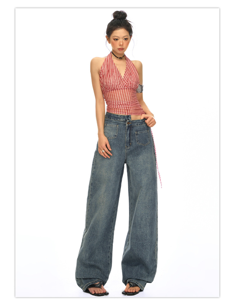 Blue High-Waisted Straight Leg Jeans for Women Loose Wide-Leg Pants Summer
