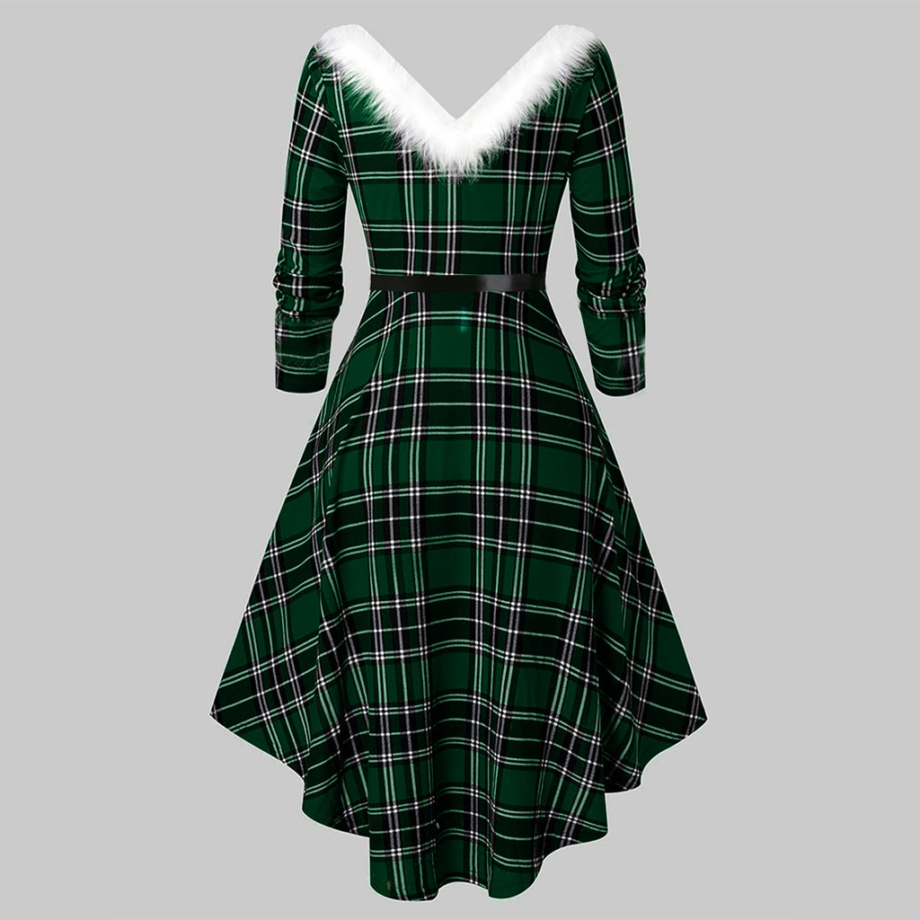 Holiday Ladies' Plaid Vintage V-Shaped Wrist-Length Sleeves Dress