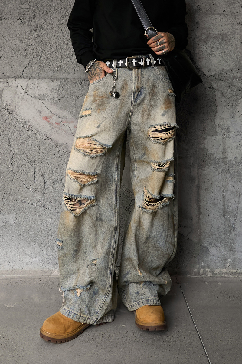 Style Casual Knife-Shape Pants Men Loose Straight Leg Distressed Autumn Fashion Vintage Ripped Jeans