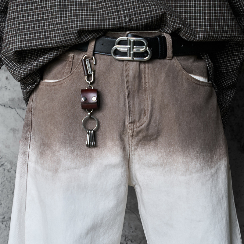 Retro Style Washed Ombre Color Knife-Edge Jeans for Men and Women, Loose Floor-Length Wide Leg Pants