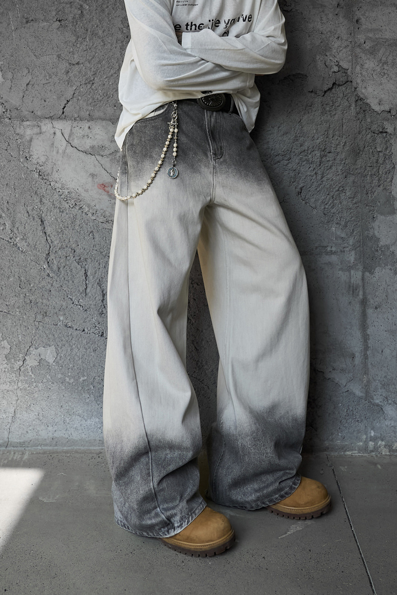 Streetwear Hip-Hop Style Gradient Color Wide-Leg Denim Pants Straight Leg Design Retro Knife-Edge Floor-Length Trousers